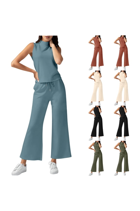Petite Womens Matching Sets 2 Piece Summer Outfits Sleeveless High Neck Tank Tops & Wide Leg Pants Trousers Casual Going Out