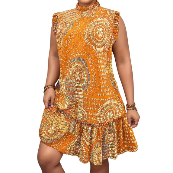 CHUMUD Plus Size Short Dresses for Women Boho Sleeveless Ruffle Mock Neck Flowy A Line Mini Dress Summer Vacation Floral Sundress