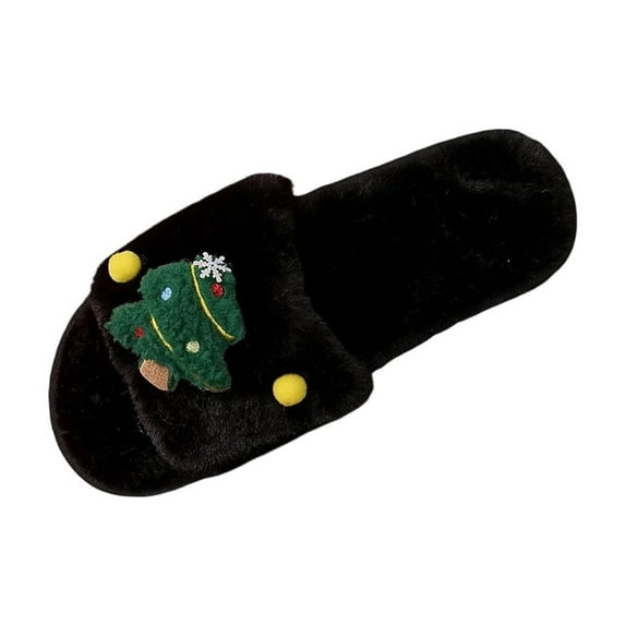 CHUMUD Plush Open Toe Slippers for Women, Christmas Tree Cartoon Non-Slip Cozy Warm Fuzzy Indoor House Shoes Holiday Gift