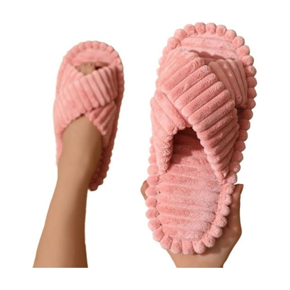 CHUMUD Plush Slippers for Women Open Toe Diagonal Cross Slippers Cozy Comfortable Memory Foam House Home Bedroom Bathroom Spa
