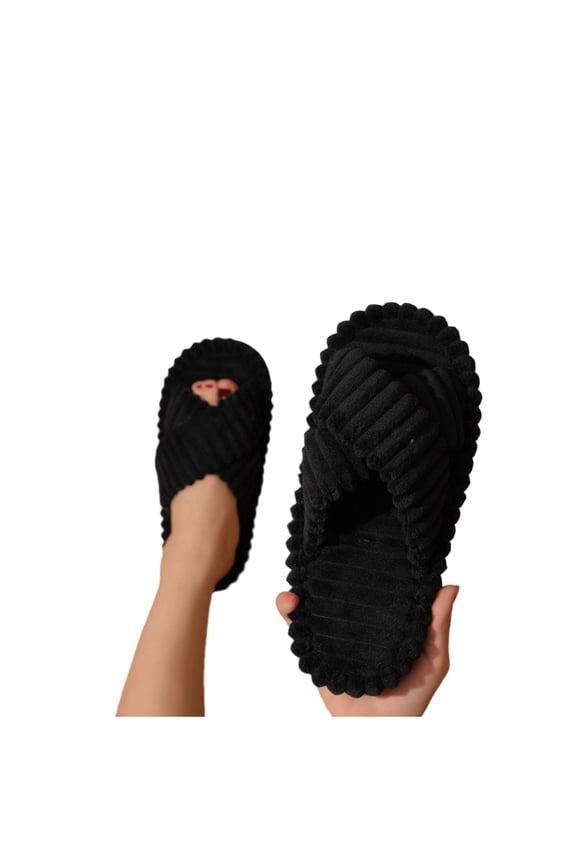 Plush Slippers for Women Open Toe Diagonal Cross Slippers Cozy Comfortable Memory Foam House Home Bedroom Bathroom Spa