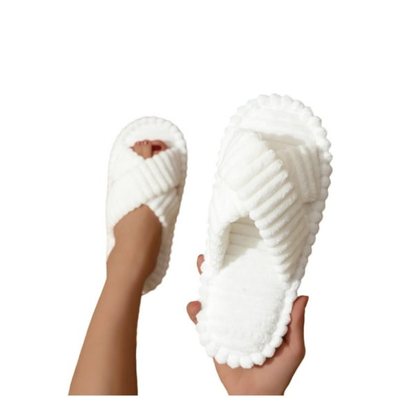 CHUMUD Plush Slippers for Women Open Toe Diagonal Cross Slippers Cozy Comfortable Memory Foam House Home Bedroom Bathroom Spa