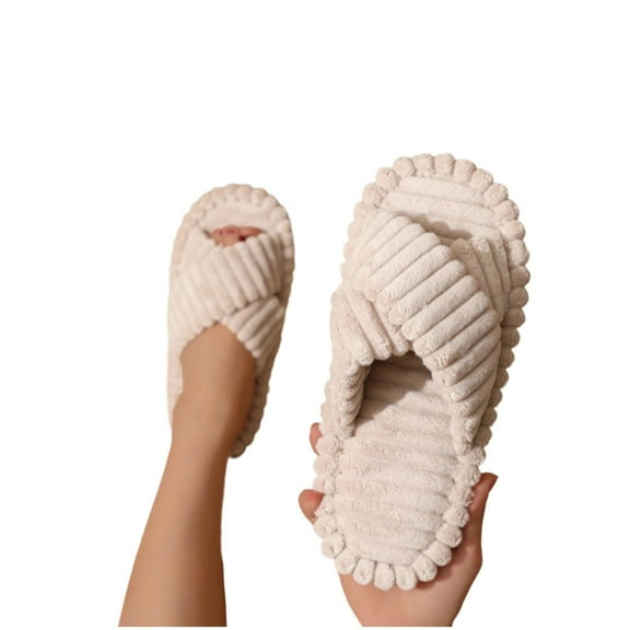 CHUMUD Plush Slippers for Women Open Toe Diagonal Cross Slippers Cozy Comfortable Memory Foam House Home Bedroom Bathroom Spa