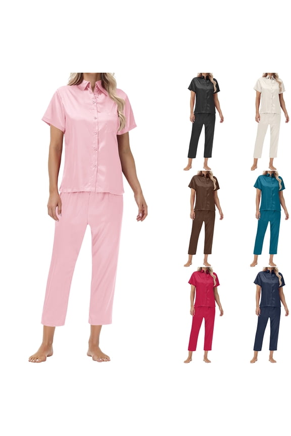 Satin Two Piece Sets for Women Summer Outfits Short Sleeve Retro Vintage Style Blouse Pin Up Short Sleeve Shirts Landgirl Tops Wide Leg Pants Trousers Casual Set Lounge