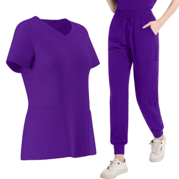 CHUMUD Scrubs Set for Women, 4-Way Stretch V-Neck Top and Jogging Pants, Medical Uniform with Drawstring Waistband Multi Pockets