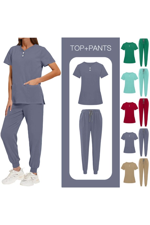 Scrubs Set for Women Nurse Uniform Jogger Suit Stretch Top & Pants with Multi Pockets Nursing Esthetician Workwear
