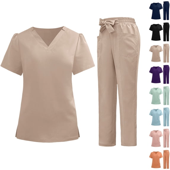CHUMUD Scrubs Set for Women Nursing Medical Uniform Stretchy Workwear Short Sleeve V-Neck Top & Straight Leg Pants with Pockets