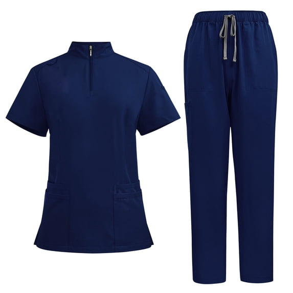 CHUMUD Scrubs Set for Women Nursing Medical Uniform Stretchy Workwear Short Sleeve Zip Mock Neck Top & Straight Leg Cargo Pants with Pockets