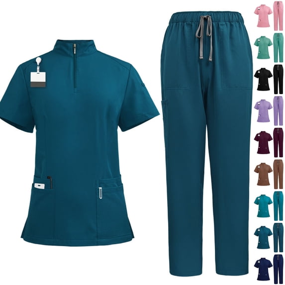 CHUMUD Scrubs Set for Women Nursing Medical Uniform Stretchy Workwear Short Sleeve Zip Mock Neck Top & Straight Leg Cargo Pants with Pockets