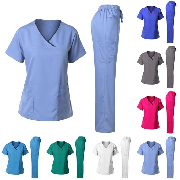 CHUMUD Scrubs Set for Women Petite Nursing Medical Uniform Stretchy Workwear Short Sleeve V-Neck Top & Straight Leg Cargo Pants with Pockets