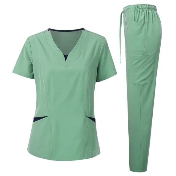 CHUMUD Scrubs Set for Women Petite Nursing Medical Uniform Stretchy Workwear Short Sleeve V-Neck Top & Straight Leg Cargo Pants with Pockets