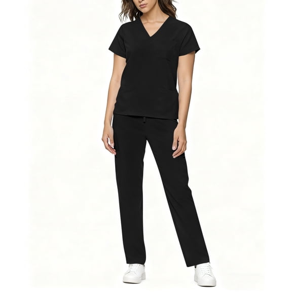 CHUMUD Scrubs for Women Set, Medical Uniform Nurse Suit Stretchy V-Neck Top & Cargo Pants with Multi-Pocket & Yoga Waistband