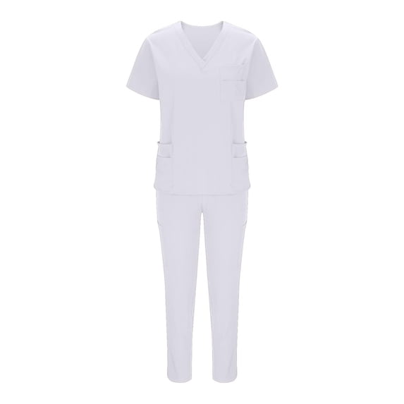 CHUMUD Scrubs for Women Set Petite Nursing Medical Uniform V-Neck Top & Straight Leg Pants with Pockets Stretchy Workwear