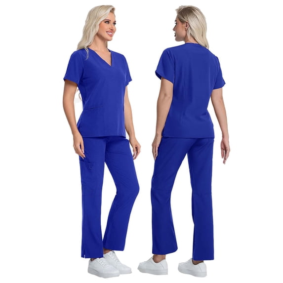 CHUMUD Scrubs for Women Set, Soft V-Neck Short Sleeve Scrub Top & Long Jogger Pant Stretch Fabric, Easy Care Nursing Uniform Set