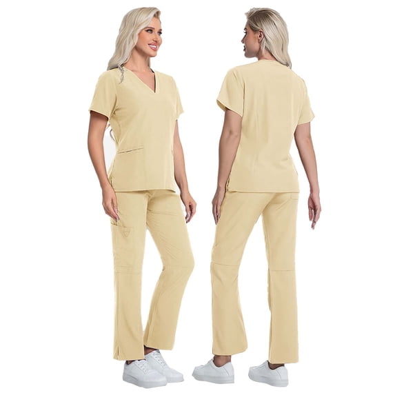 CHUMUD Scrubs for Women Set, Soft V-Neck Short Sleeve Scrub Top & Long Jogger Pant Stretch Fabric, Easy Care Nursing Uniform Set