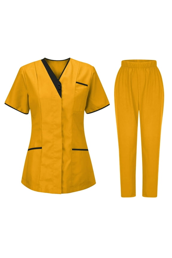 Scrubs for Women Set – V Neck Stretch Contrast Binding Top and Pants Sets, Medical Uniform for Nurse Esthetician Workwear