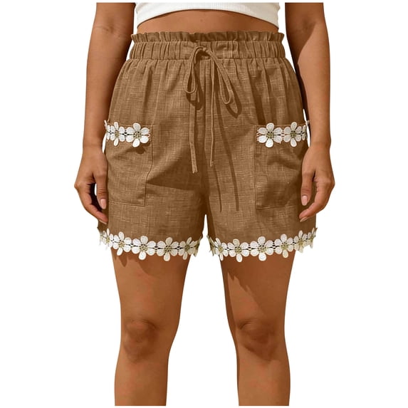 CHUMUD Shorts for Women Trendy Daisy Floral Trim Casual Shorts, Elastic Waist Drawstring Shorts with Pockets, Lightweight Summer Beach Loungewear Vacation