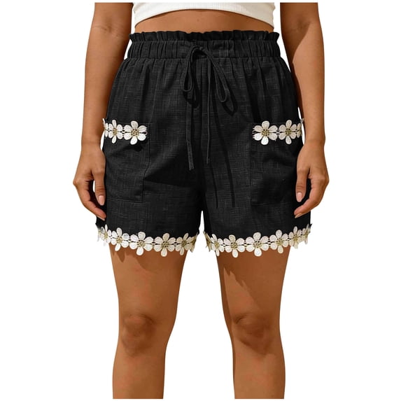 CHUMUD Shorts for Women Trendy Daisy Floral Trim Casual Shorts, Elastic Waist Drawstring Shorts with Pockets, Lightweight Summer Beach Loungewear Vacation