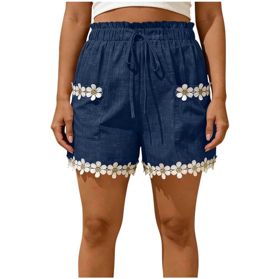 CHUMUD Shorts for Women Trendy Daisy Floral Trim Casual Shorts, Elastic Waist Drawstring Shorts with Pockets, Lightweight Summer Beach Loungewear Vacation