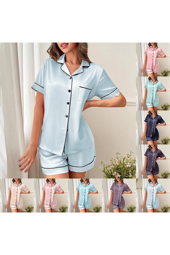 Silk Satin Pajama Sets for Women Short Sleeve 2 Piece Lounge Pjs Matching Summer Loose Sleepwear Button Down Shirt Shorts Soft Comfy Pocket Pj Set