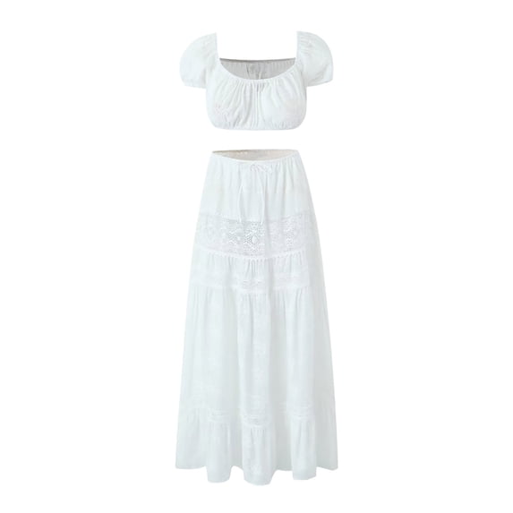 CHUMUD Skirt Sets for Women 2 Piece Outfits Boho Summer Matching Set White Crop Top A-Line Maxi Skirts Casual Vacation