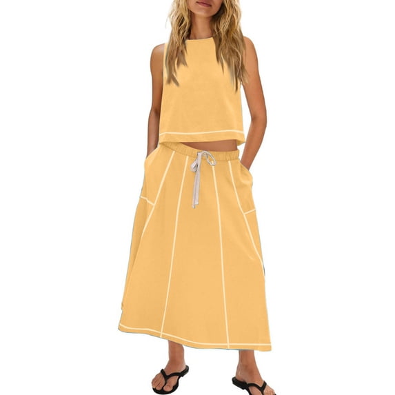 CHUMUD Skirt Sets for Women 2 Piece Outfits Summer Matching Set Sleeveless Tank Top Drawstring A-Line Maxi Skirts Casual