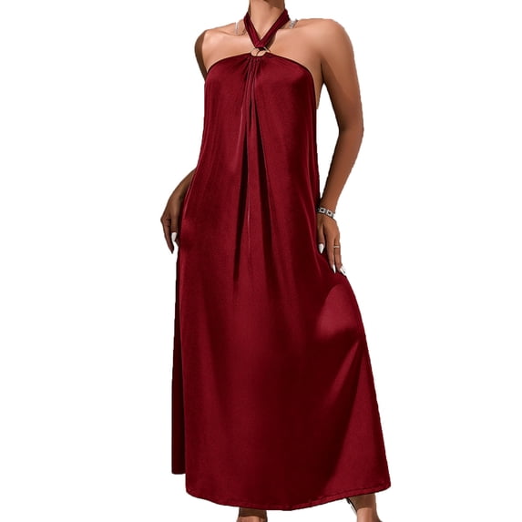 CHUMUD Summer Dress for Women Beach Boho Sleeveless Halter Tie Backless Strappy Loose Flowy Satin Vacation Maxi Dress Wedding Guests Long Dress