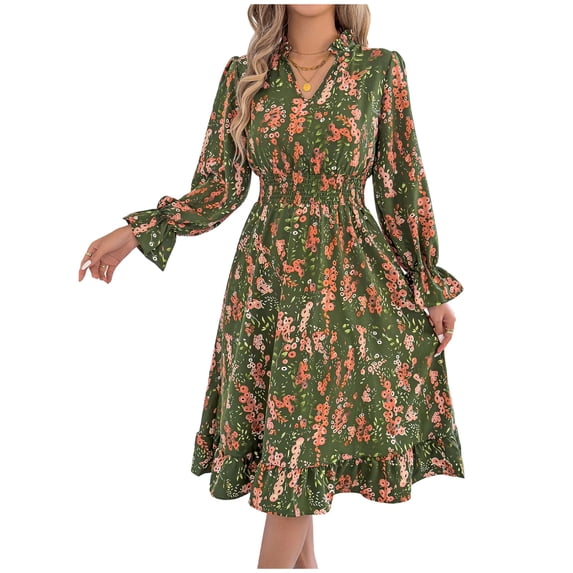 CHUMUD Summer Dress for Women Ruffle Long Sleeve Crew Neck Stretch Waist A Line Floral Midi Dress Casual