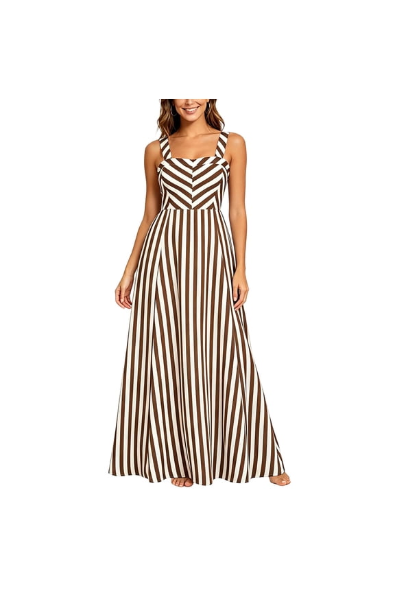 Summer Dresses for Women Elegant Trendy Scoop Neck Sleeveless Striped Maxi Dress, Casual Smock Back A-Line Dress