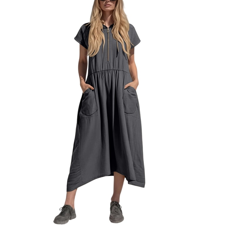 midi shift dresses for women CHUMUD Summer Dresses for Women Half-Zip Collared Short Sleeve Midi Dress,  Casual Shift Dress with Pockets