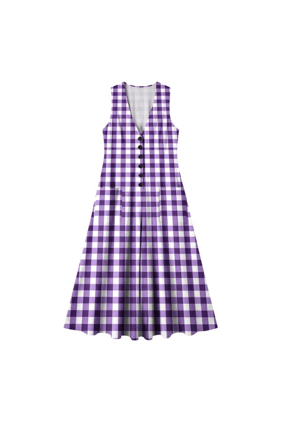 Summer Dresses for Women Linen Sleeveless Tank Maxi Dress Half Button Plaid Long Dress with Pockets Casual Travel Vacation