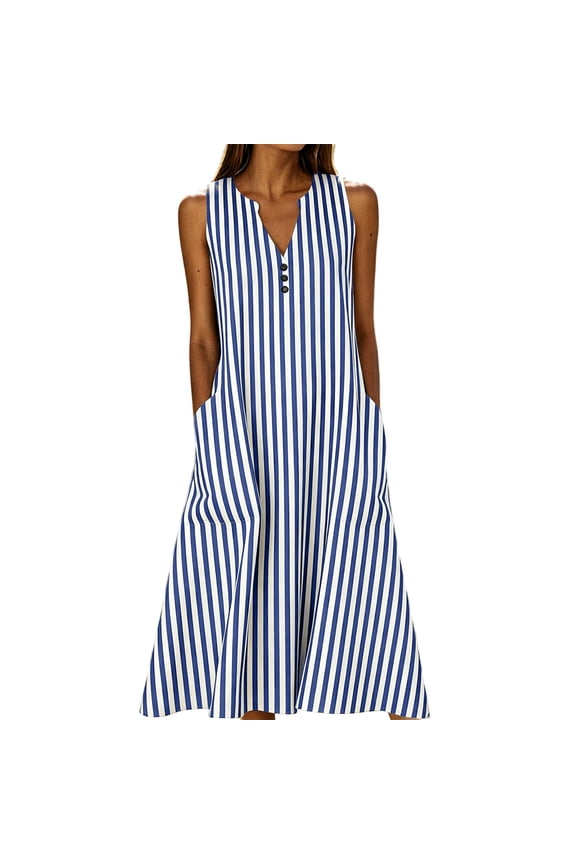 Summer Dresses for Women Striped Sleeveless Midi Dress, Casual V-Neck Henley A-Line Dress with Pockets, Loose Fit Swing Dress