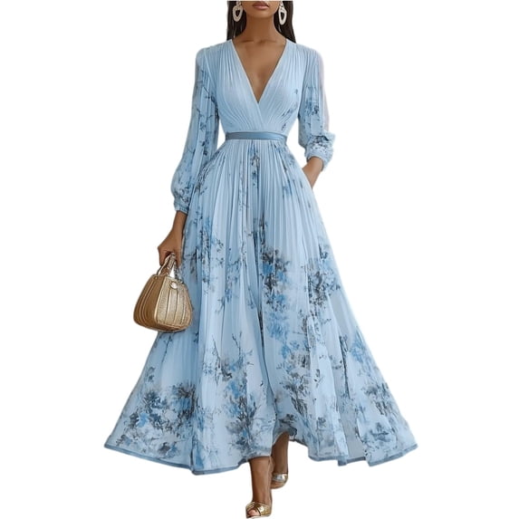CHUMUD Summer Dresses for Women V-Neck Floral Print Casual Maxi Dress 3/4 Sleeve Elegant Formal Cocktail Wedding Guest Dress Travel Outfits