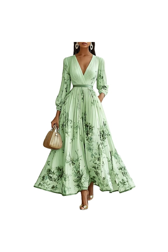 Summer Dresses for Women V-Neck Floral Print Casual Maxi Dress 3/4 Sleeve Elegant Formal Cocktail Wedding Guest Dress Travel Outfits