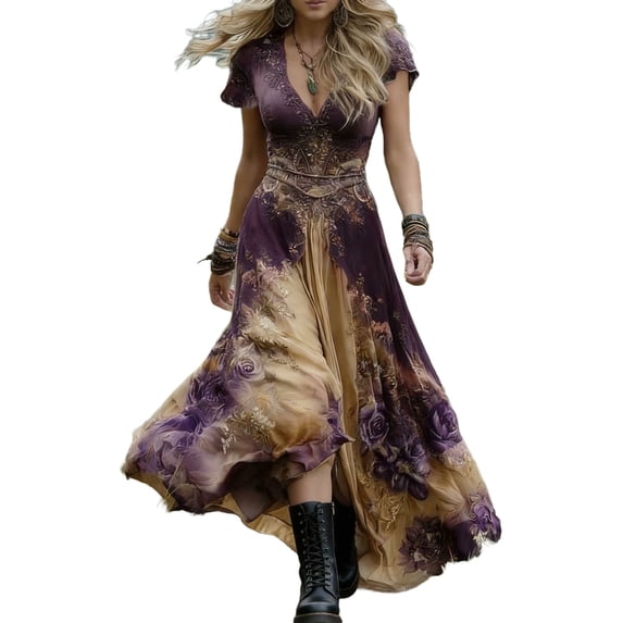 CHUMUD Summer Maxi Dress for Women Boho Vintage Short Sleeve Deep V Neck Long Dresses Floral Flowy Casual Dress Vacation (Avail for Plus Size)