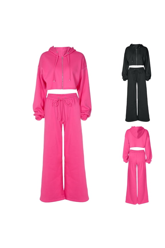 Sweatshirts Two Piece Sets for Women Petite Wide Leg Sweatpants Set Summer Outfits Long Sleeve Hooded Zip Crop Tops Trousers Matching Sets Casual Going Out Gym Running