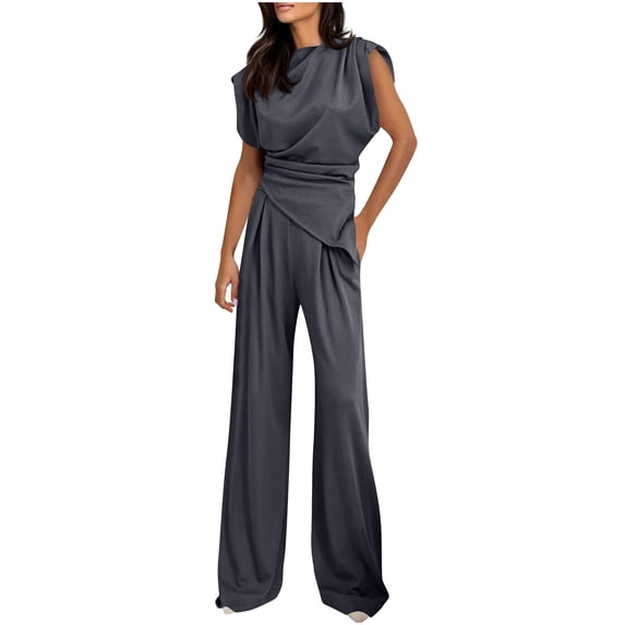 CHUMUD Travel Outfit 2 Piece Set for Women Sleeveless Pleated Tank Tops High Waist Wide Leg Pants Comfortable Stylish Formal Casual Going Out