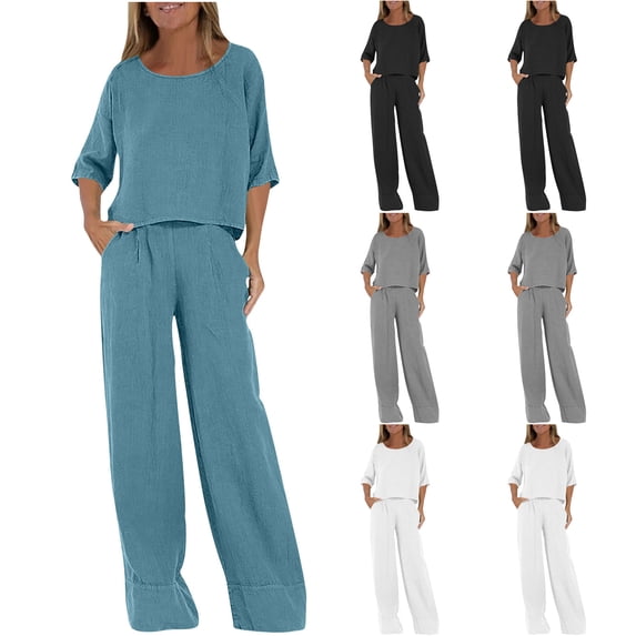 CHUMUD Two Piece Sets for Elder Women Wide Leg Pants Set Summer Outfits 3/4 Sleeve Crew Neck Tops Trousers Matching Sets Casual Going Out (Avail for Plus Size)