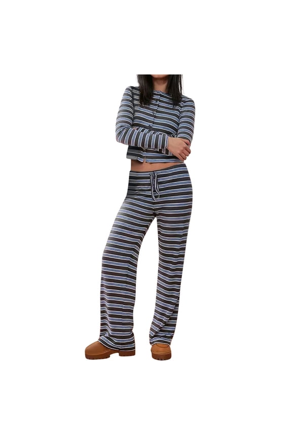 Two Piece Sets for Women Pants Set Summer Vacation Outfits Long Sleeve Button Tops Trousers Lounge Matching Sets Striped Fashion Clothes Casual Going Out