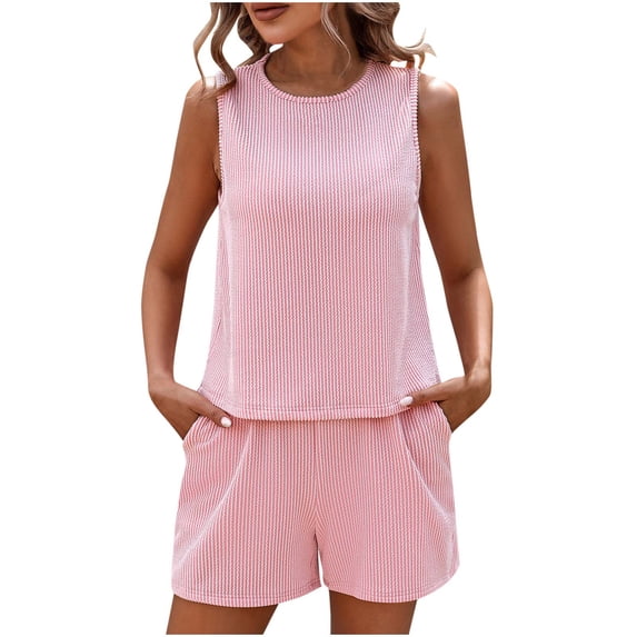 CHUMUD Two Piece Sets for Women Summer Outfits Lounge Sets Sleeveless Crew Neck Tank Tops Shorts with Pockets Ribbed Cotton Set Casual Vacation Travel