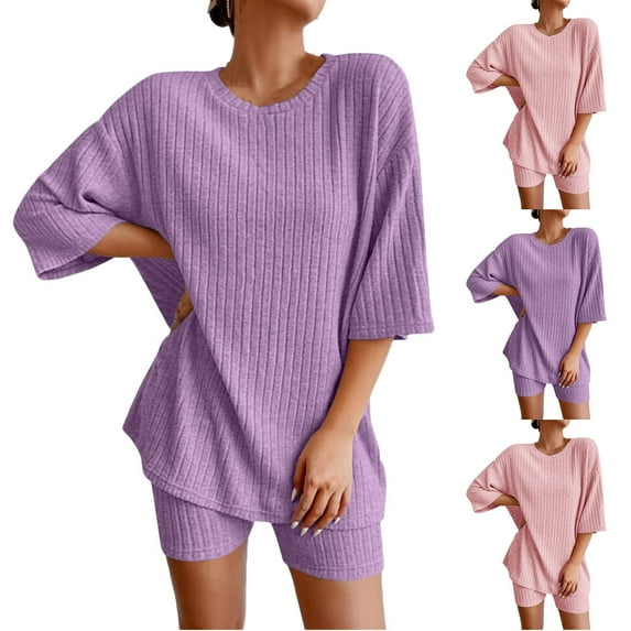 CHUMUD Two Piece Sets for Women Petite Summer Outfits 3/4 Sleeve Crew Neck T Shirts Boyshorts Ribbed Shorts Set Lounge Casual