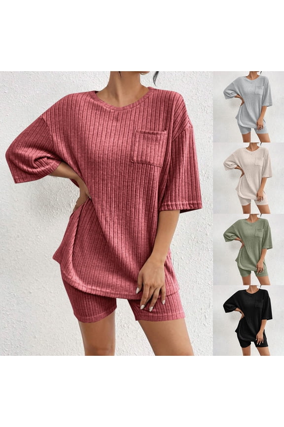 Two Piece Sets for Women Petite Summer Outfits Short Sleeve Crew Neck Tees Shorts Casual Ribbed Set Lounge Loose