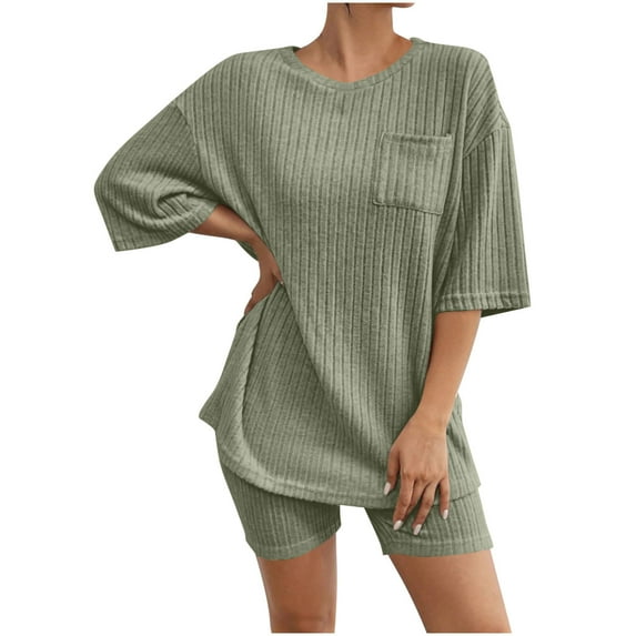 CHUMUD Two Piece Sets for Women Petite Summer Outfits Short Sleeve Crew Neck Tees Shorts Casual Ribbed Set Lounge Loose
