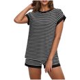 thumbnail image 1 of CHUMUD Two Piece Sets for Women Petite Summer Outfits Short Sleeve Crew Neck Tees Shorts Casual Striped Set Lounge Loose, 1 of 9
