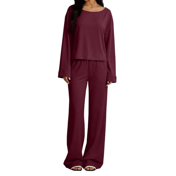 CHUMUD Two Piece Sets for Women Petite Wide Leg Pants Set Summer Outfits Long Sleeve Top Trousers Lounge Matching Sets Casual Going Out