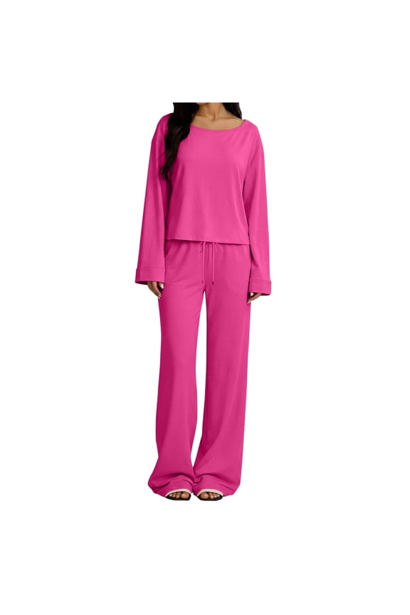 Two Piece Sets for Women Petite Wide Leg Pants Set Summer Outfits Long Sleeve Top Trousers Lounge Matching Sets Casual Going Out