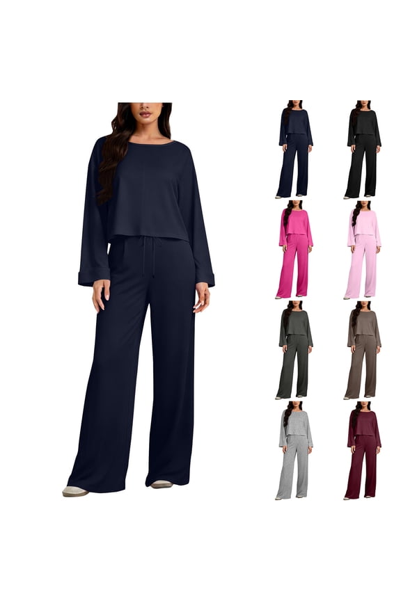 Two Piece Sets for Women Petite Wide Leg Pants Set Summer Outfits Long Sleeve Top Trousers Lounge Matching Sets Casual Going Out