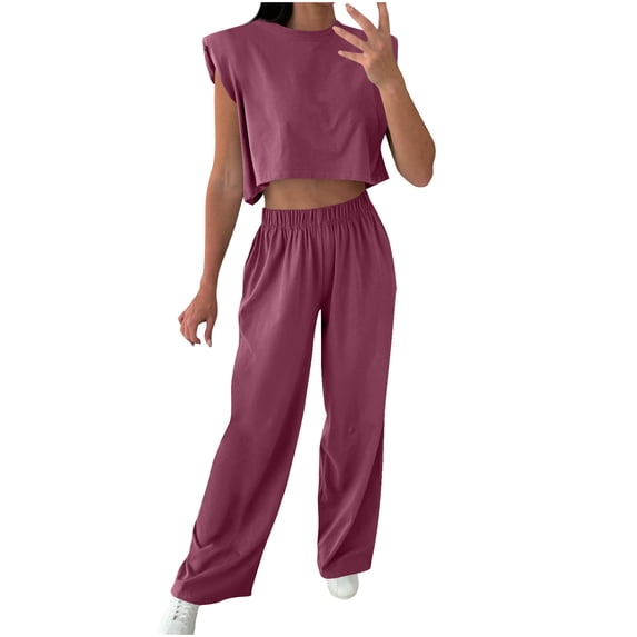 CHUMUD Two Piece Sets for Women Petite Wide Leg Pants Set Summer Outfits Sleeveless Crew Neck Crop Tops Trousers Matching Sets Casual Going Out