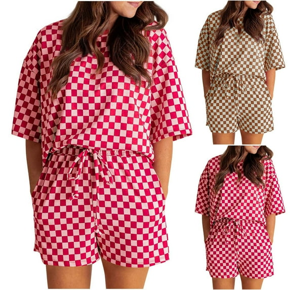CHUMUD Two Piece Sets for Women Summer Outfits 3/4 Sleeve Crew Neck Tees Shorts with Pockets Casual Plaid Set Lounge Loose