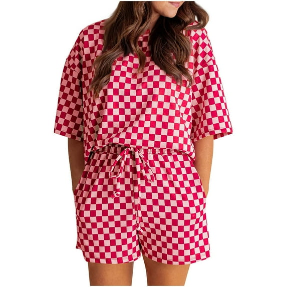 CHUMUD Two Piece Sets for Women Summer Outfits 3/4 Sleeve Crew Neck Tees Shorts with Pockets Casual Plaid Set Lounge Loose
